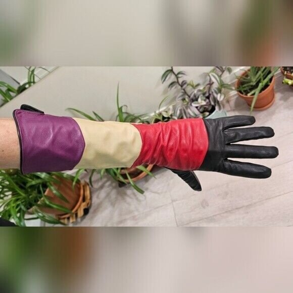 Multicolored elbow length leather Gloves - Picture 1 of 8